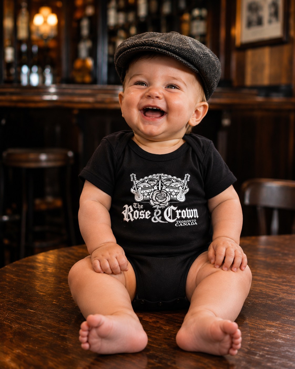 Baby wearing the black Rose & Crown six-month bodysuit