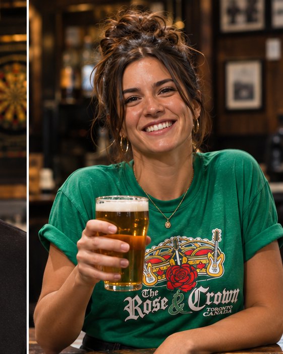 Model wearing the green Rose & Crown graphic T-shirt at the pub